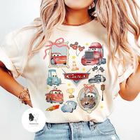 Retro Coquette Bows Cars Tshirt, L1ghtning McQueen Mater Doc Hudson Sally Carrera Birthday Cars Family Shirt, Girl Trip Tee
