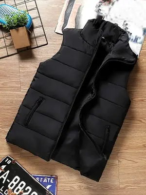 Men's Plain Pocket Zipper Stand Collar Vest Puffer Coat, Casual Slim Thermal Lined Black Gilet Outerwear For Fall & Winter, M...