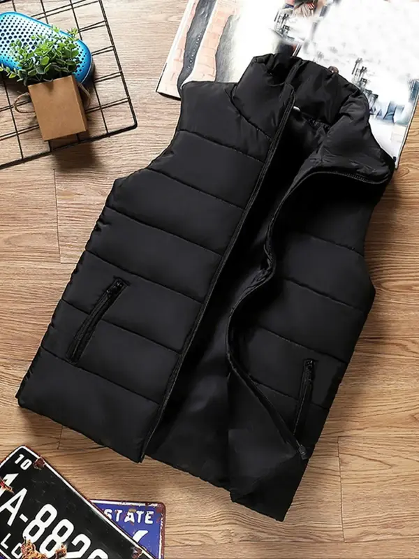 Men's Plain Pocket Zipper Stand Collar Vest Puffer Coat, Casual Slim Thermal Lined Black Gilet Outerwear For Fall & Winter, M...