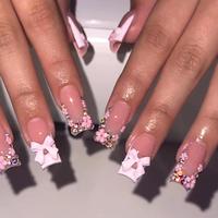 3D Bowtie & Flower Decor Press on Nail, 24pcs/set Rhinestone Decor Fashion Press on Nails & 1 Tape & 1 Nail File, Elegant Sti...