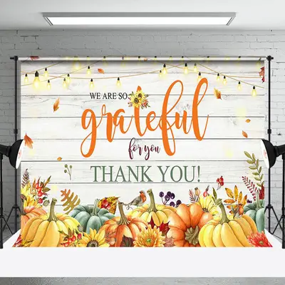Pumpkin Light Floral Maple Wooden Thank You Backdrop