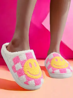 Colorblock Plaid & Smile Face Pattern Plush Slippers, Fashionable Home Slippers for Indoor Outdoor Wear, Fluffy Fall & Winter...