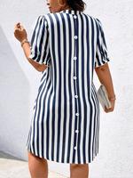Plus Size Striped Print Button Up Shirt Dress, Casual Short Sleeve Collared Dress for Summer, Women's Clothes for Daily Wear