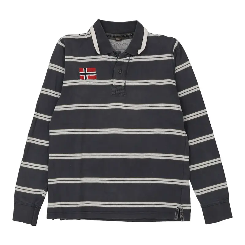 Napapijri Striped Long Sleeve Polo Shirt - Large Grey Cotton