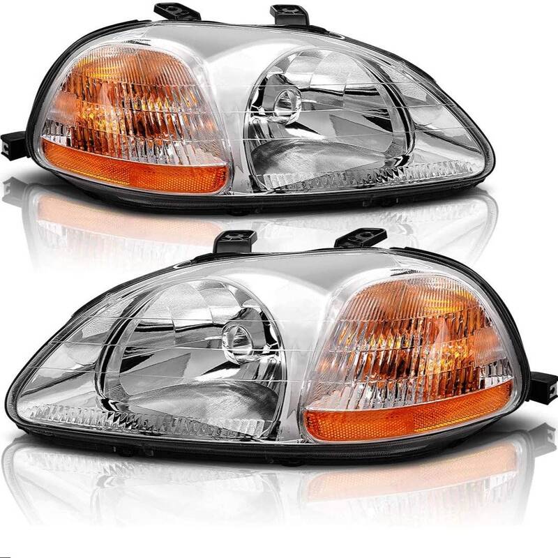YITAMOTOR® Headlight Assembly Compatible with 1996-1998 Honda Civic Chrome Housing Amber Reflector Clear Lens