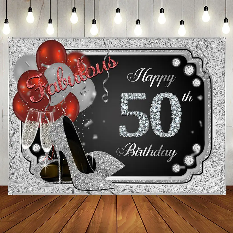 Aperturee Silver Glitter 50th Birthday Heel Bolloon Backdrop