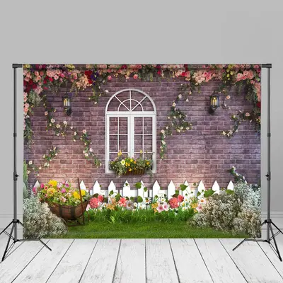 Pink And White Floral Garden Red Brick Photo Backdrop - Aperturee