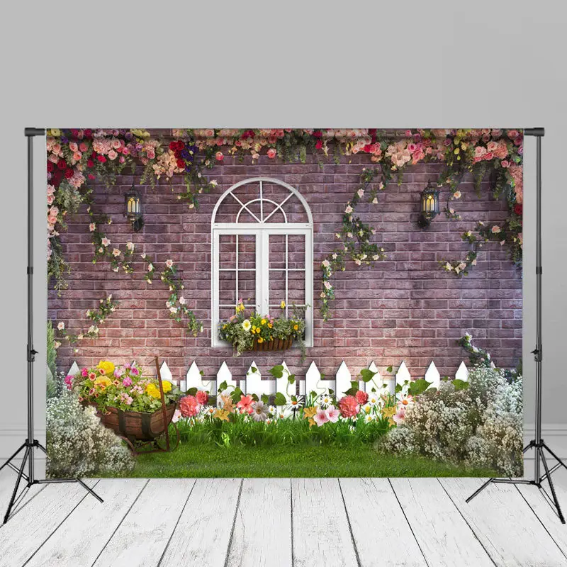 Pink And White Floral Garden Red Brick Photo Backdrop - Aperturee