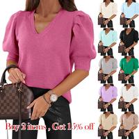 Ebifin Women's Puff Short Sleeve Sweater Tops Spring Summer Trendy Crew/Square/V Neck Casual T Shirts Blouses Knitwear Comfor...