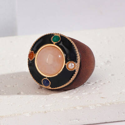 Flat Round Wood & Resin & Natural Rose Quartz Finger Rings