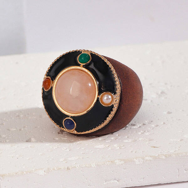 Flat Round Wood & Resin & Natural Rose Quartz Finger Rings