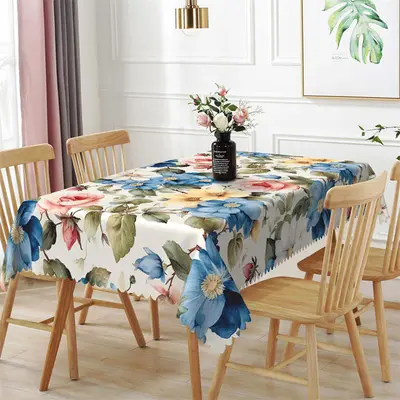 Blue Pink Floral Green Leaves Rectangle Tablecloth - Aperturee