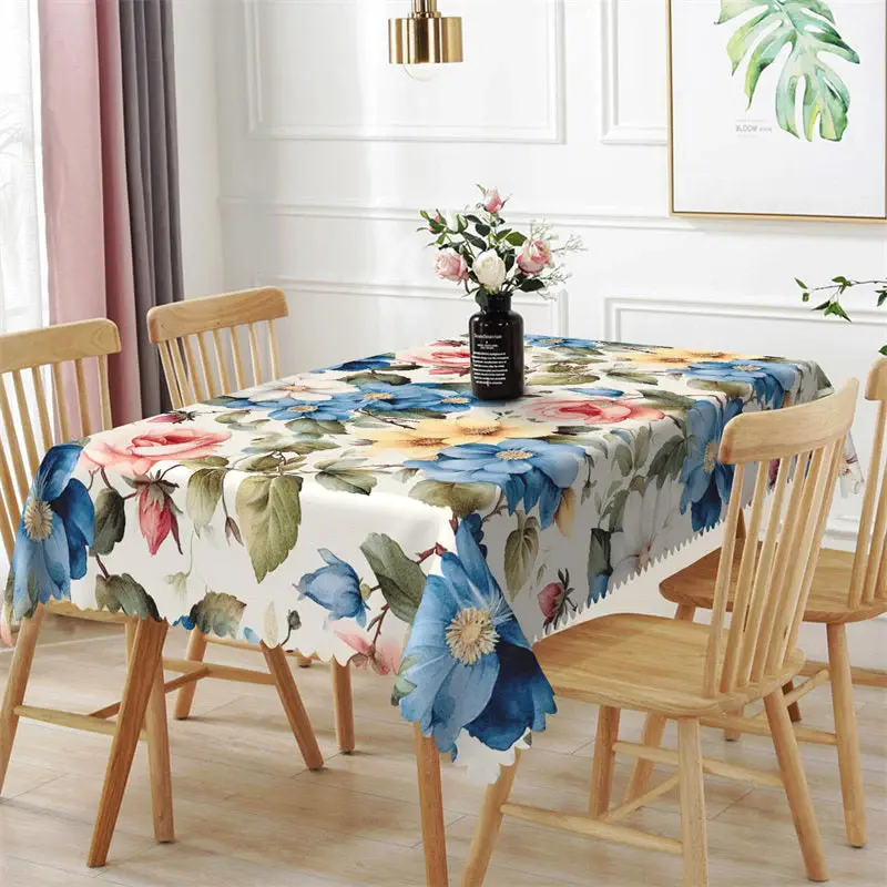 Blue Pink Floral Green Leaves Rectangle Tablecloth - Aperturee