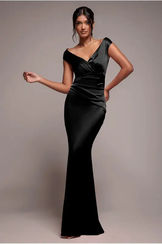 Goddiva Satin Off The Shoulder Maxi Dress - Black