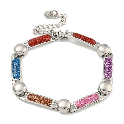 304 Stainless Steel Enamel Rectangle Link Chain Bracelets with Glitter Powder