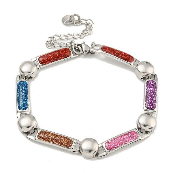 304 Stainless Steel Enamel Rectangle Link Chain Bracelets with Glitter Powder