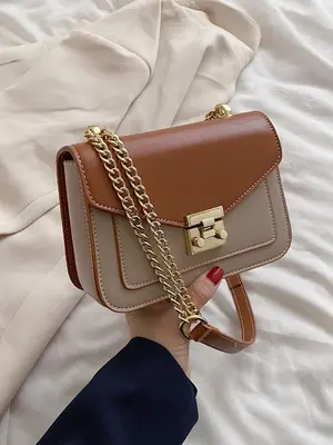 Women's Colorblock Chain Decor Shoulder Bag, Minimalist Elegant Metal Strap Design Square Shoulder Bag For Work & Daily Used