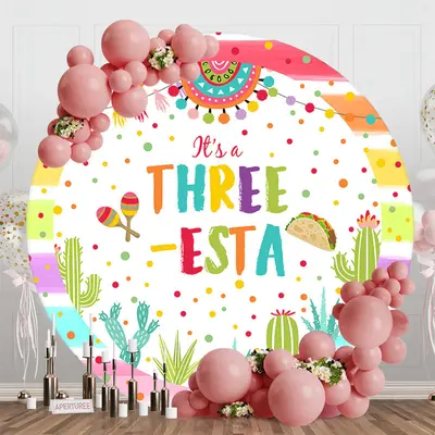 Round Rainbow Stripe Three Esta Birthday Backdrop