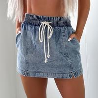 Blue Drawstring High Waist Pocketed Denim Shorts, Women‘s Casual Jean Shorts,Summer Bottoms