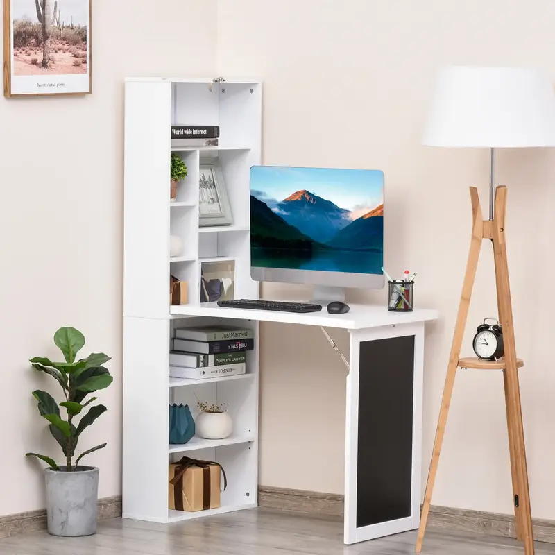 HOMCOM Fold-out Convertible Writing Table Wall Mount Desk Cabinet with Blackboard and Side Shelf Multi-Function Home Office W...