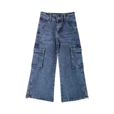 5-14T Girls' Cargo Jeans with Flap Pocket, Wide Leg and Split Denim Kids Pants