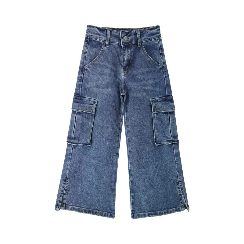 5-14T Girls' Cargo Jeans with Flap Pocket, Wide Leg and Split Denim Kids Pants