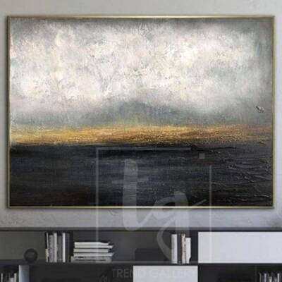Gold Horizon Painting Abstract Sunset Painting Thick Paint Unique Abstract Painting Hotel Art | DARK WATERSCAPE