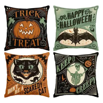 Halloween Themed Cushion Cover, 4 Counts/set Creative Cat & Pumpkin Pattern Throw Pillow Cover without Filler, Household Deco...