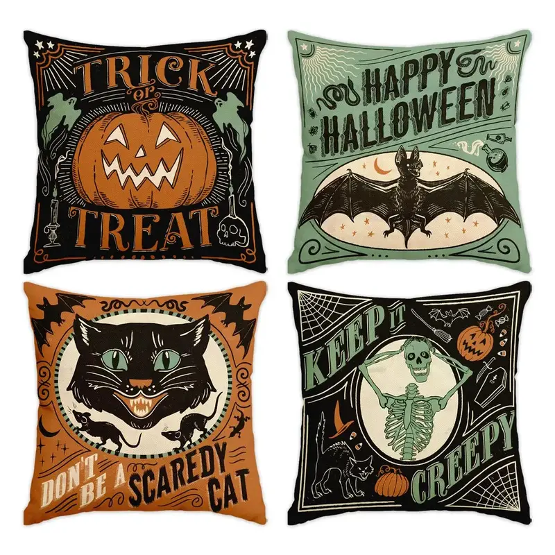 Halloween Themed Cushion Cover, 4 Counts/set Creative Cat & Pumpkin Pattern Throw Pillow Cover without Filler, Household Deco...