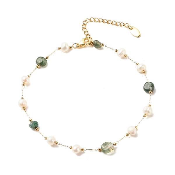 Natural Moss Agate & Pearl Beaded Anklet