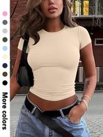 Women's Plain Round Neck Tee, Casual Short Sleeve Crew Neck T-shirt for Daily Wear, Ladies Clothes for All Seasons, Womenswea...