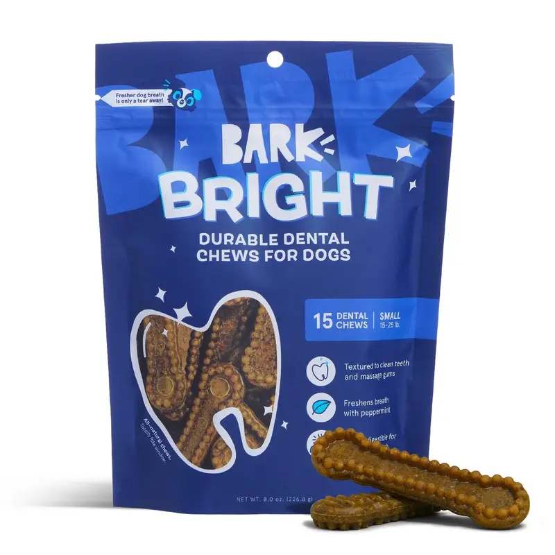BARK Bright Durable Dental Chews for Dogs - 15 Count - Small, Medium, Large Sizes Available - Bright Color with Nub and Groov...