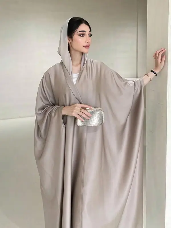 Women's Solid Batwing Sleeve Satin Abaya, Modest Fashion Long Sleeve Open Front Muslim Robe for Daily Wear, Ladies Islamic Cl...