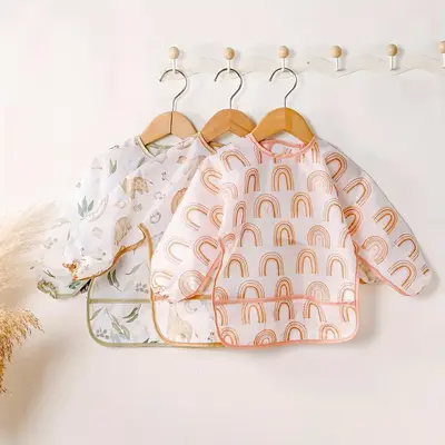 Waterproof Adjustable Long Sleeve Bib, 1 Count Cute Washable Feeding Bib, Soft Toddler Bibs for 6-24 Months, Baby Essentials,...