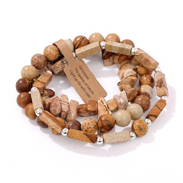 3Pcs Natural Picture Jasper Bead Bracelet  Sets for Men