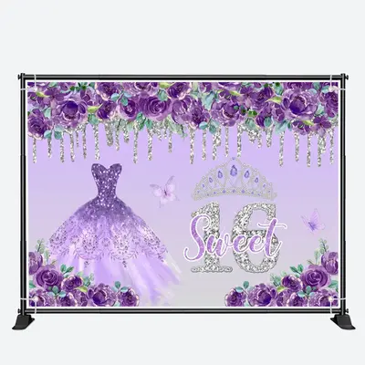 Purple Floral Dress Sweet 16th Birthday Backdrop - Aperturee