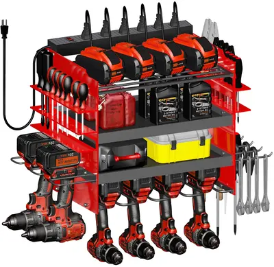 【SUHOPE】【Back To School】 Power Tool Organizer Wall Mount with Charging Station Garage Tools and Battery Storage Rack ...