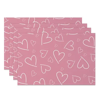 Aperturee Line Hearts Pink Valentines Day Set Of 4 Placemats, 14x12 Inch, 15.8 USD, NYJY00388-S, placemats