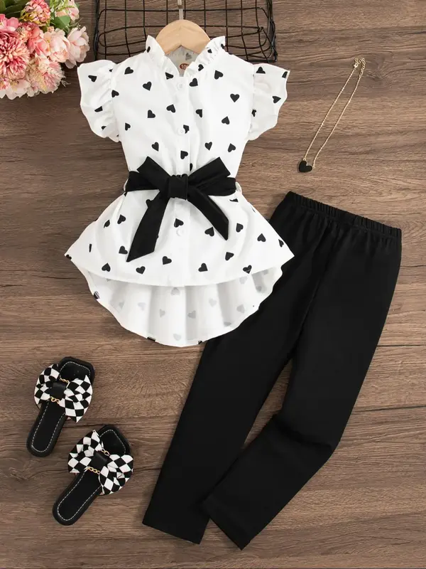Toddler Girl's Heart Print Belted Top & Pants Set, Casual Top & Trousers, Summer Outfits Clothes for Kids