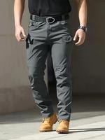 Men's Solid Color Button Fly Side Pocket & Zipper Tactical Work Pants, Durable Multifunctional Pants for Outdoor Activities, ...