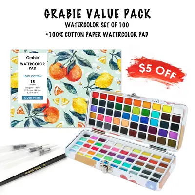 Grabie Value Pack - Watercolor Set of 100 + 100% Cotton Paper Watercolor Pad, art materials, TikTokShopRestock, FallFreshness