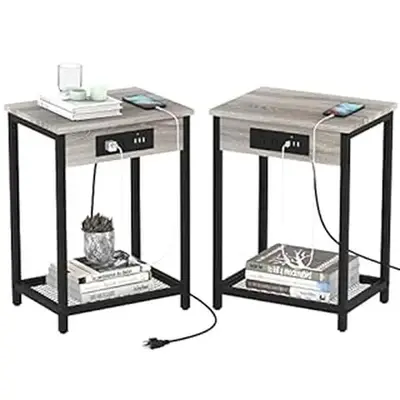 Night Stand Set of 2, Nightstand with Charging Station, End Table with USB Ports and Power Outlets, Small Bedside Table for B...
