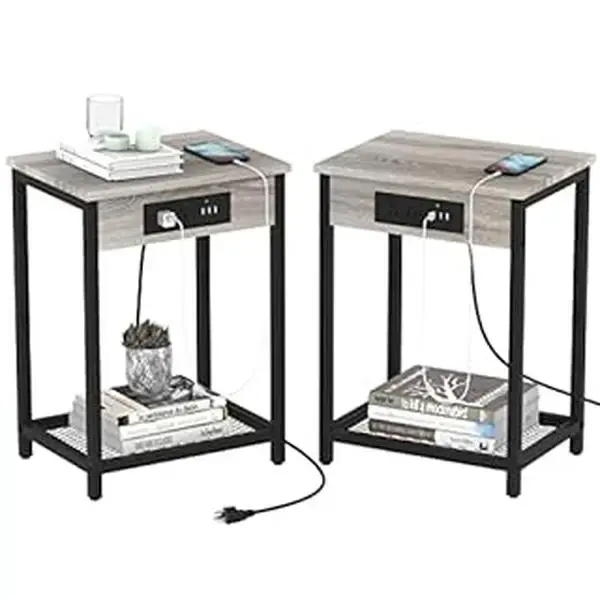 Night Stand Set of 2, Nightstand with Charging Station, End Table with USB Ports and Power Outlets, Small Bedside Table for B...