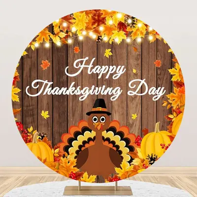 Round Turkey Pumpkin Maple Thanksgiving Day Backdrop