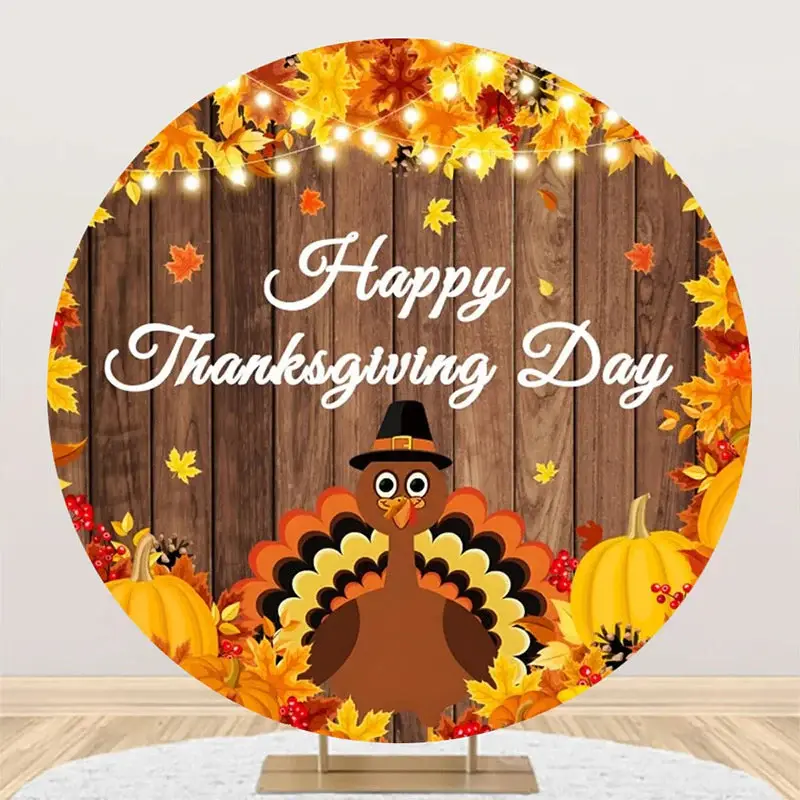 Round Turkey Pumpkin Maple Thanksgiving Day Backdrop