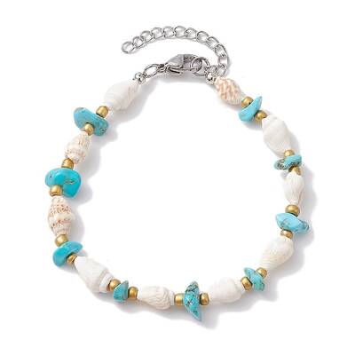 Summer Beach Synthetic Turquoise Chip & Shell Beaded Bracelets for Women