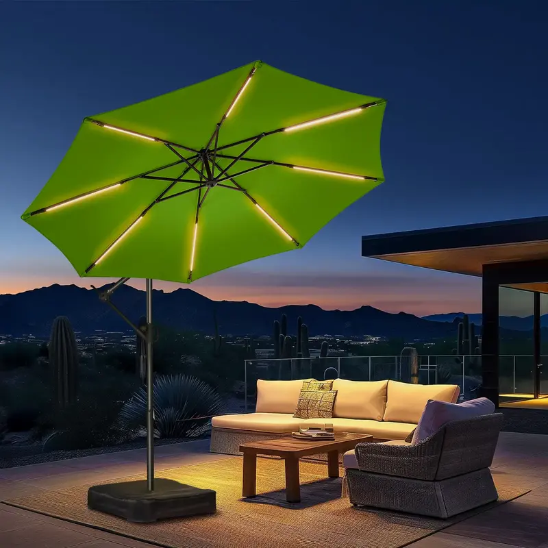 【7.5/9/10ft】Homshade HY21LB/LSB Solar Lights Offset Cantilever Patio Umbrella - w/Light and Base, LED Lighted Offset Hang...