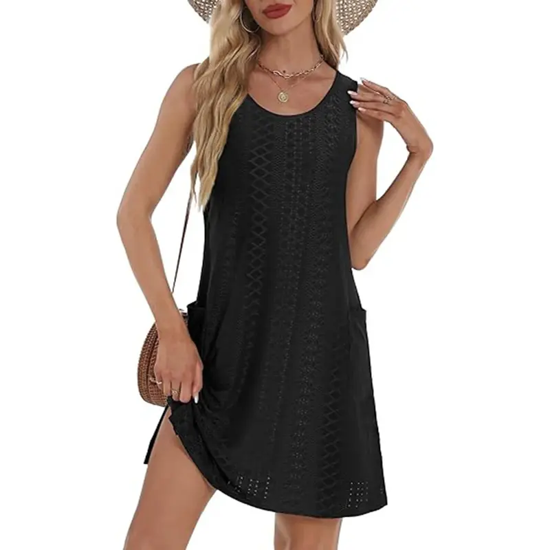 Coverup Summer Dresses for Women 2025 Eyelet Casual Loose Sleeveless Sundresses Tank Dresses with Pockets