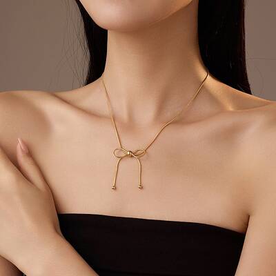 304 Stainless Steel Bowknot Pendant Snake Chain Necklaces for Women