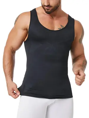 Men's Solid Round Neck Seamless Shapewear Tank Top, Casual Comfy Breathable Sleeveless Shapewear Top for Daily Wear, Men's Co...